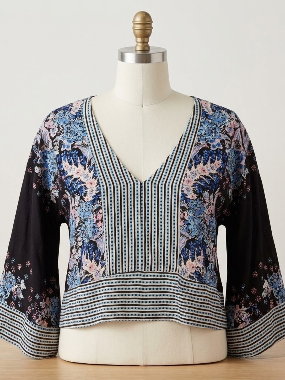 Free People V-Neck High/ Low Tunic Top - Black & Blue